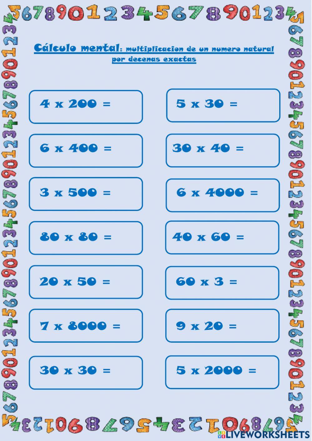 Calculo mental: multiplicaciones de números naturales por decenas exactas