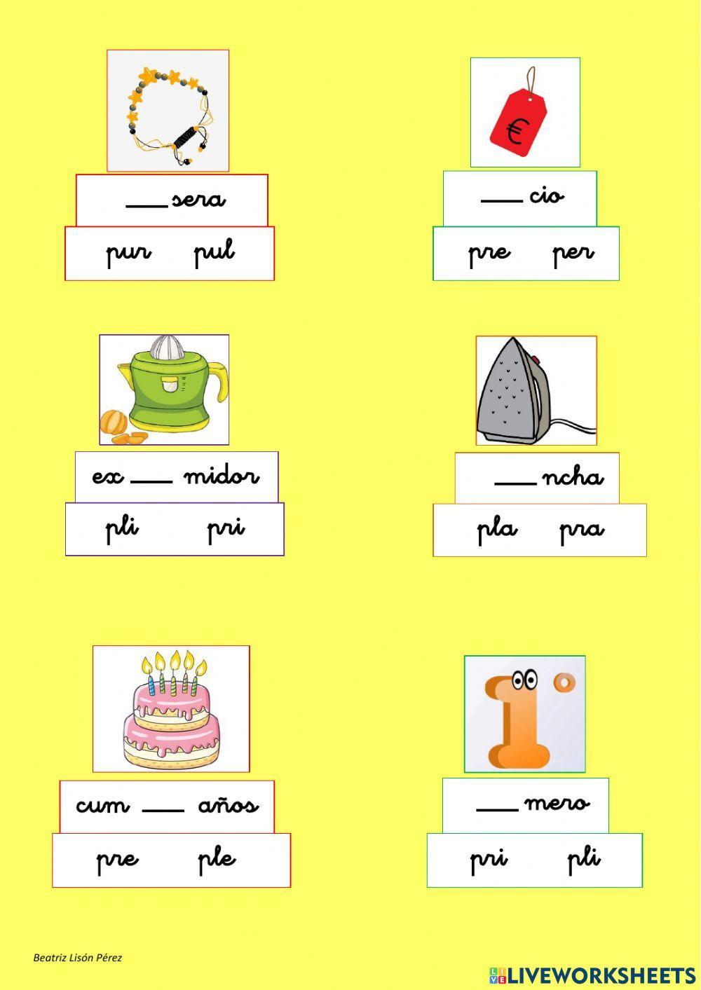 Elige la silaba correcta - palabras con pr-pl (trabadas y mixtas)