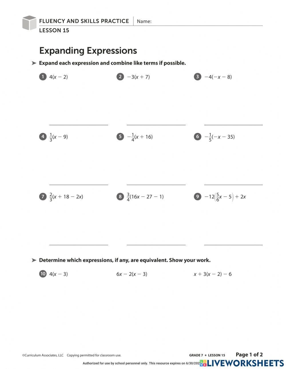 Expanding Expressions online exercise for Live Worksheets