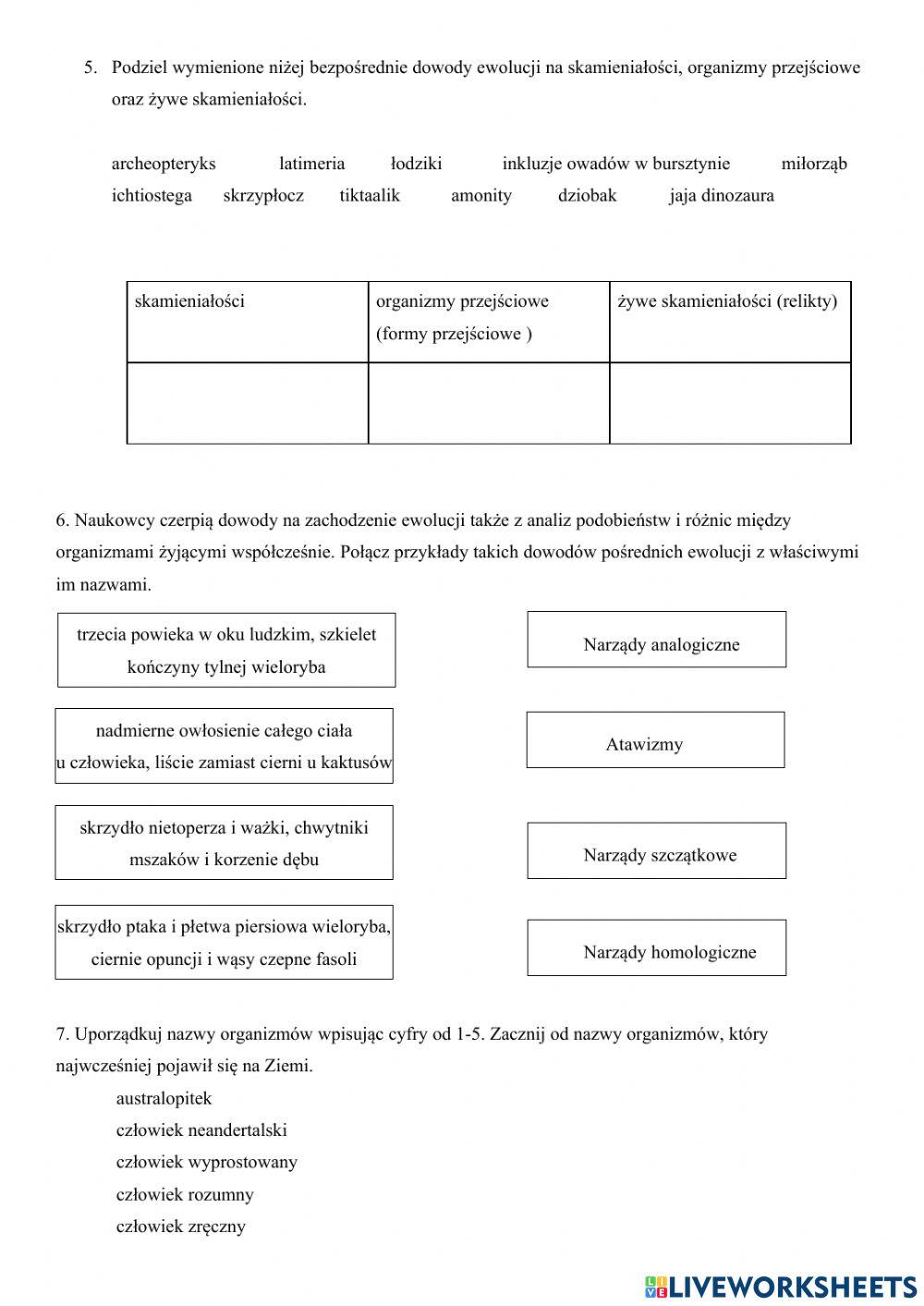 Ewolucja życia - karta powtórzeniowa