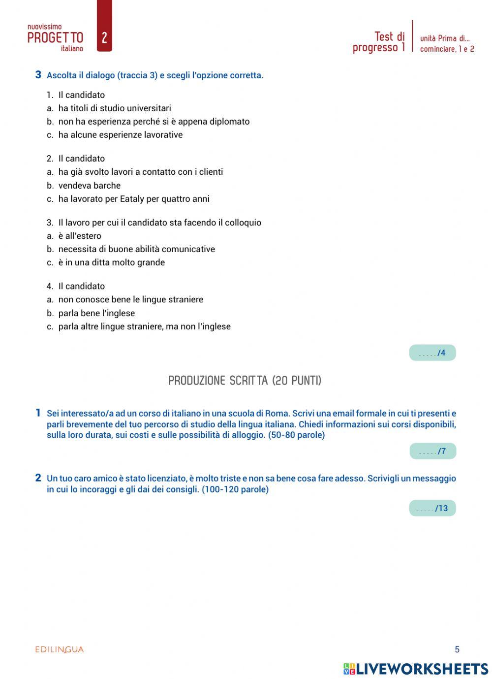 Test di progresso unità 0,1,2