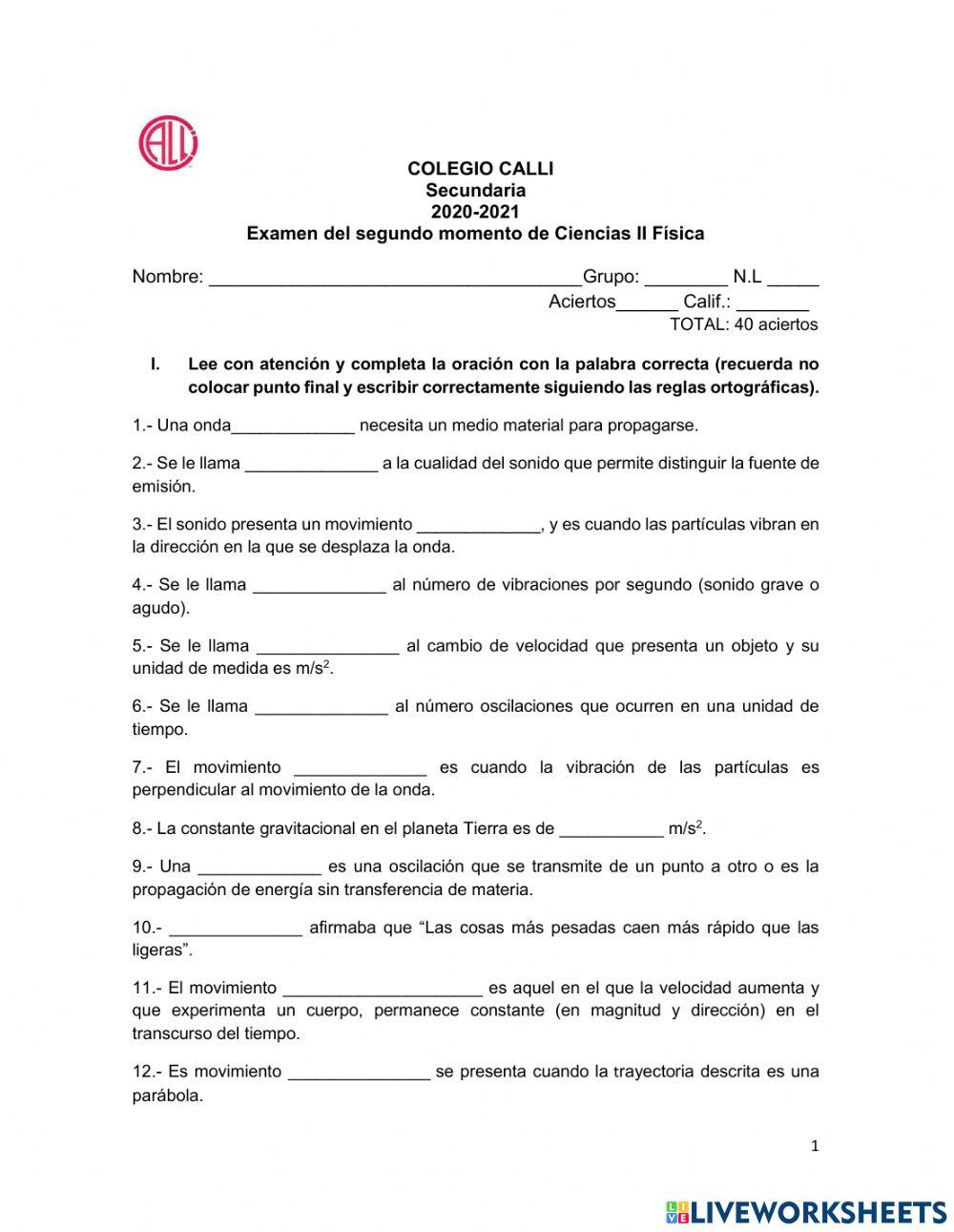 Examen de física segundo de secundaria