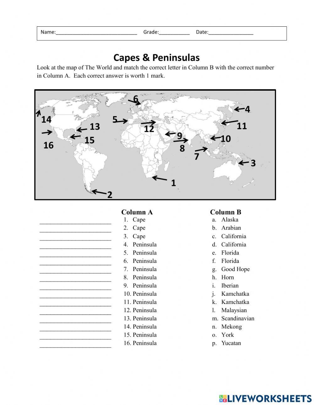 Capes & Peninsulas Worksheet