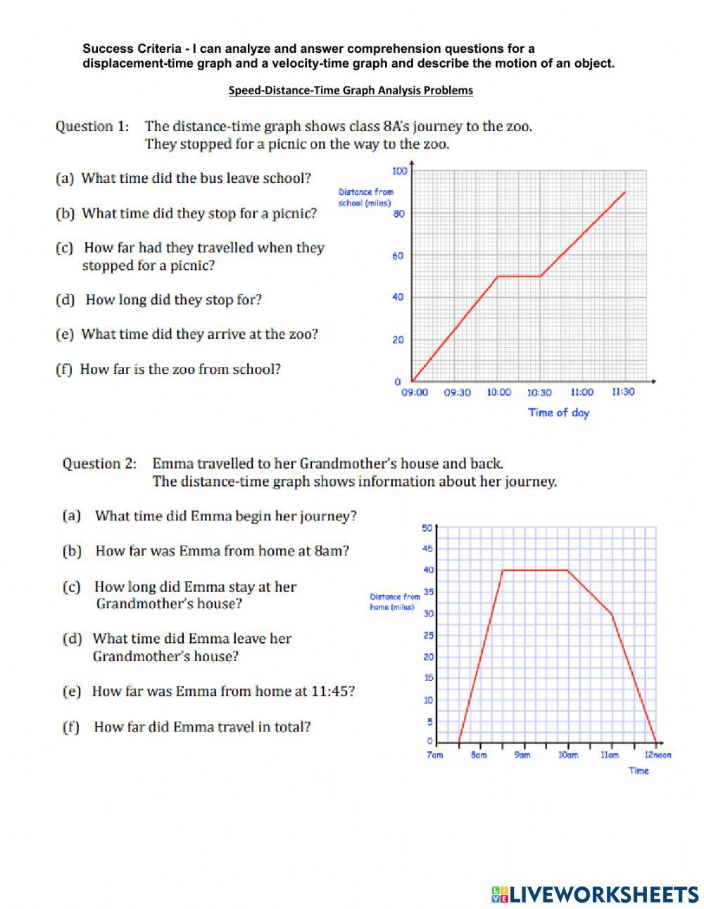 Distance-Time Graphs Worksheet  PDF Printable Algebra Worksheet