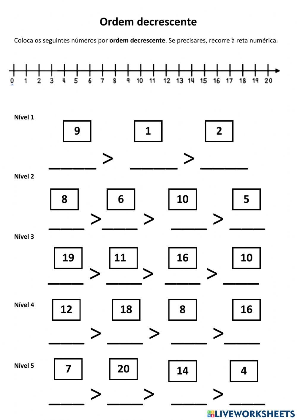 Ordem decrescente de números até 20