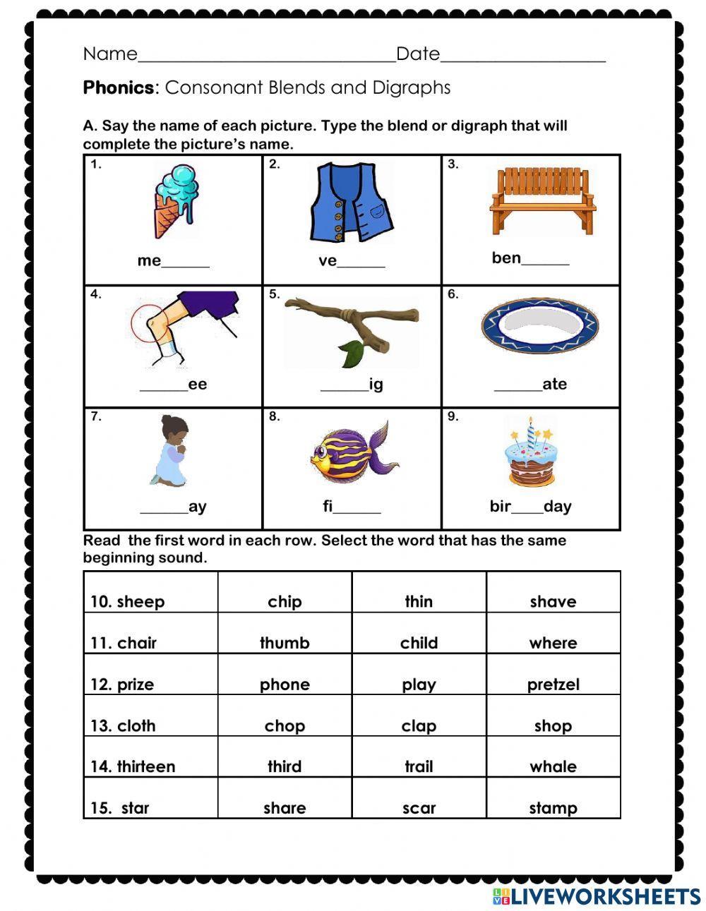 Consonant Blends & Digraphs worksheet | Live Worksheets consonant-blends-digraphs-worksheet-live-worksheets