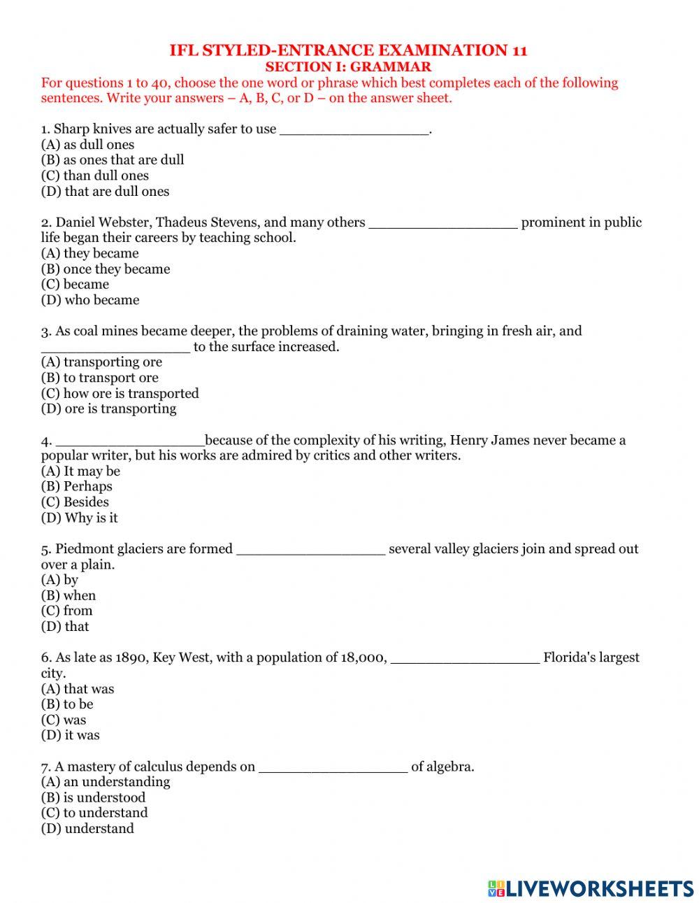 Ifl entrance examination 11