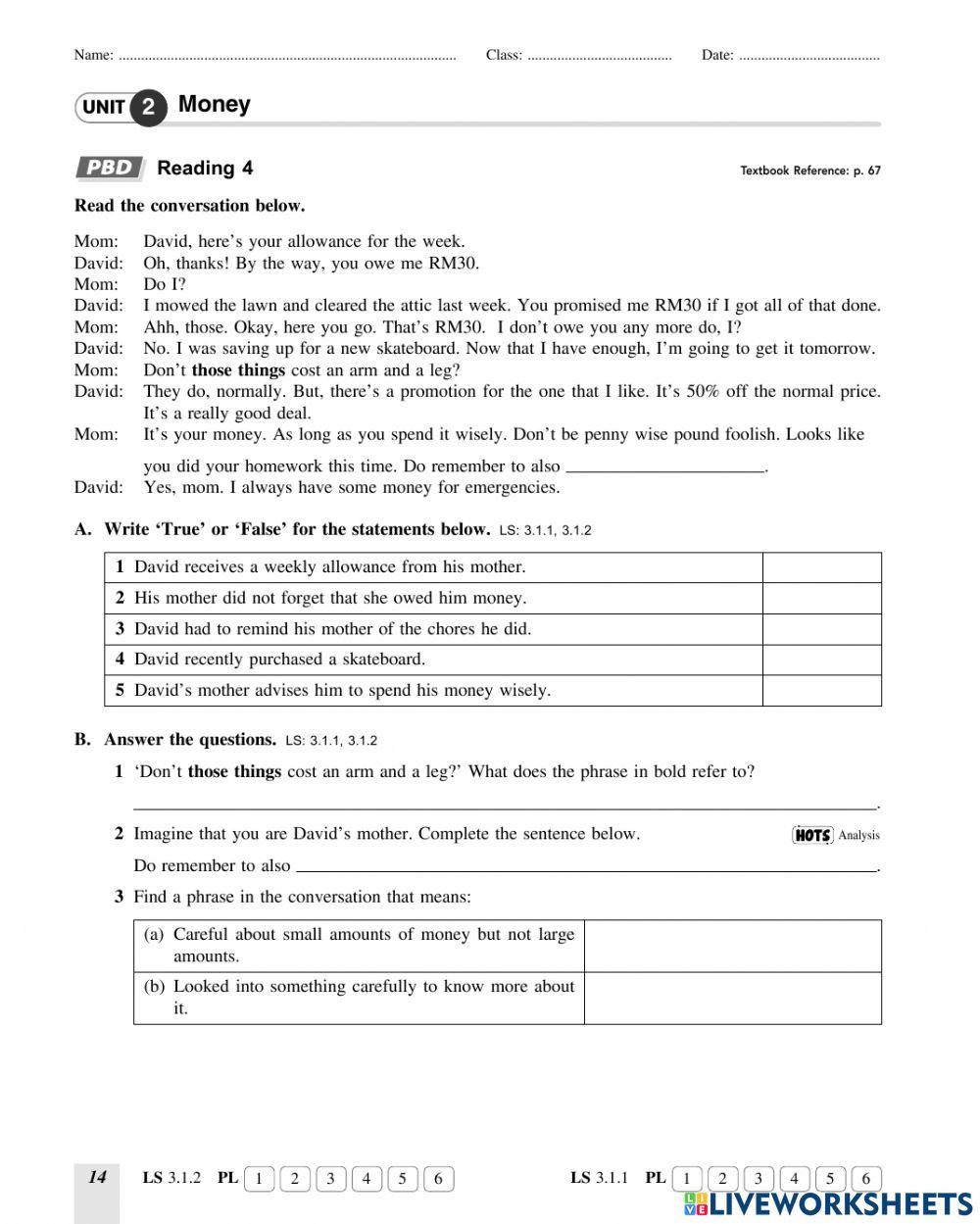 Unit 2 : Money (Reading) - Form 2