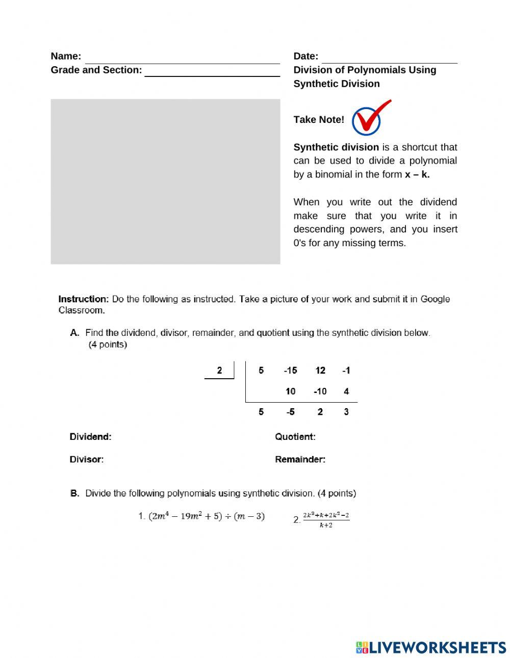 Synthetic Division online exercise for Live Worksheets