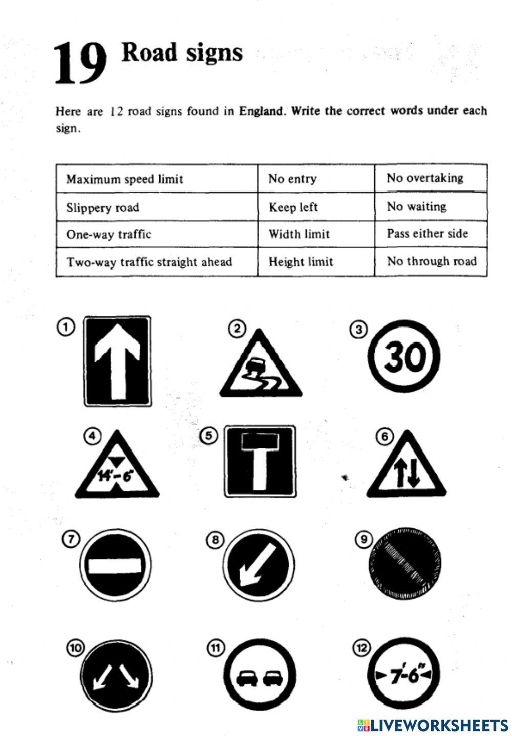 19 road signs online exercise for live worksheets
