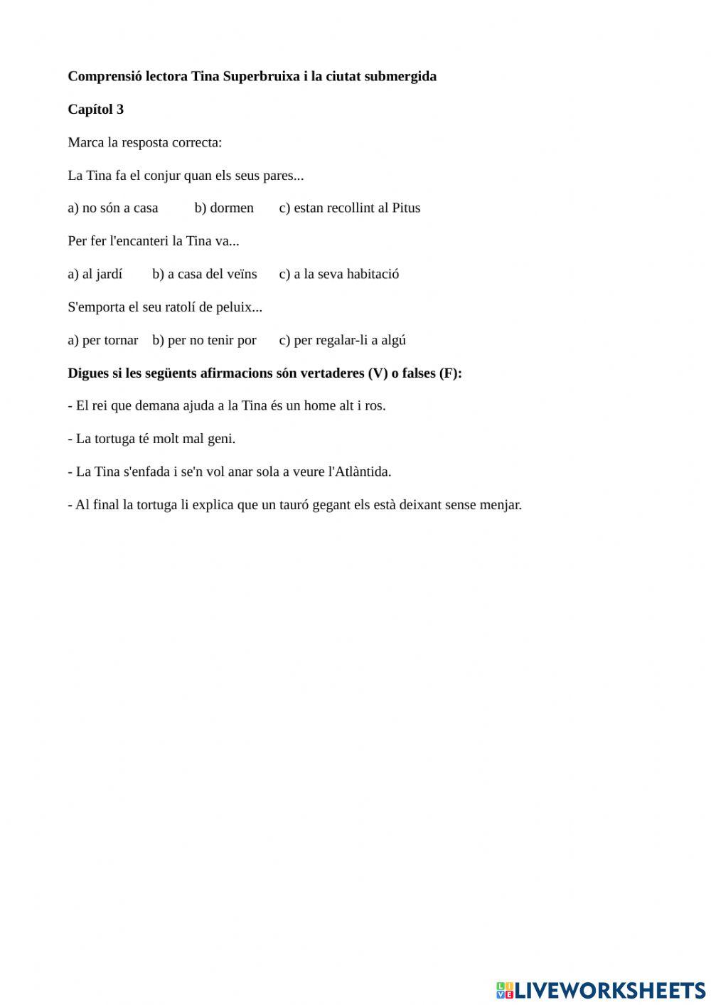 Comprensió lectora Tina Superbruixa i la ciutat submergida. Capítol 3