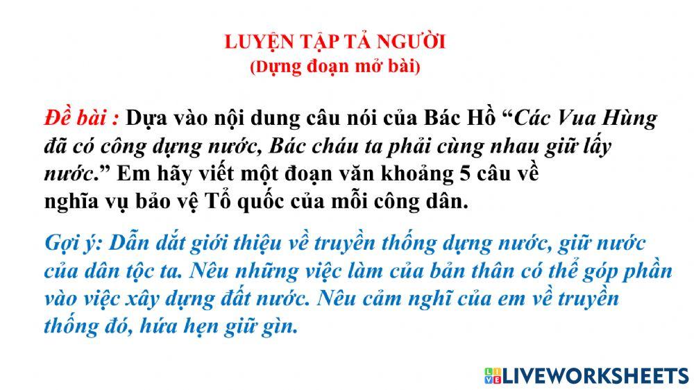 Ltvc viết đoạn về lòng yêu nước