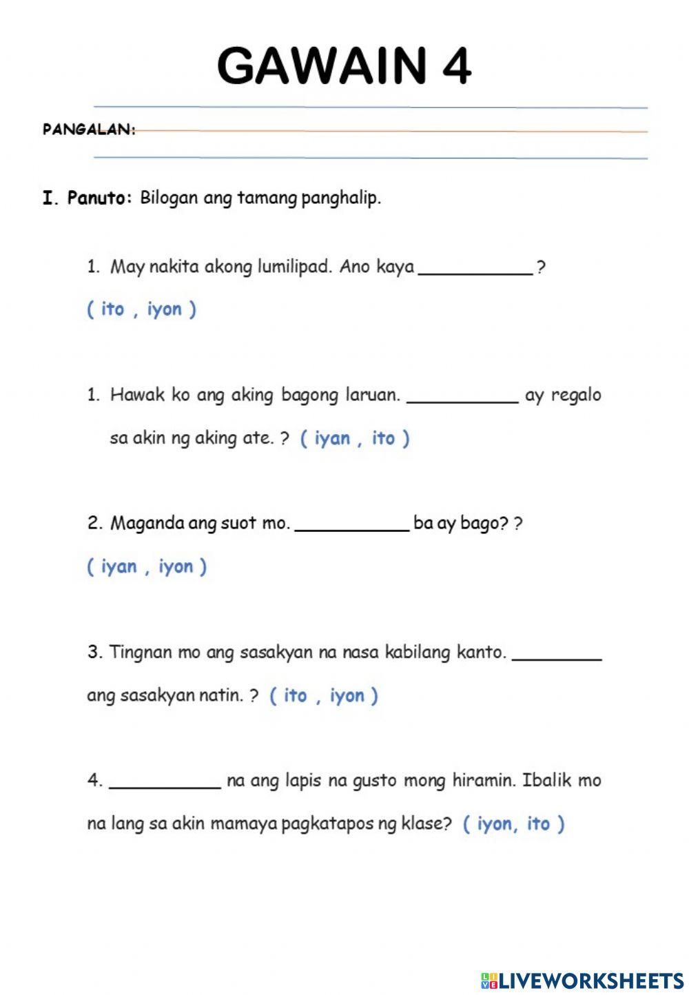 G4.1-Q2W7-Aralin 12 - Panghalip na Ito, Iyan, Iyon - ACTIVITIES