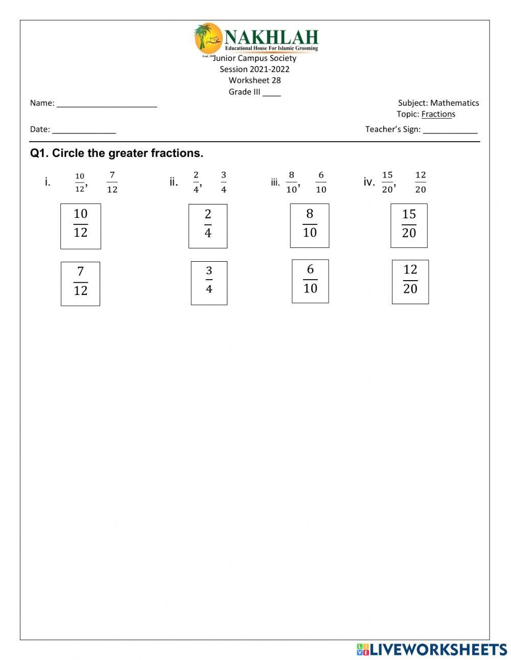 Comparing fractions online practice live worksheets