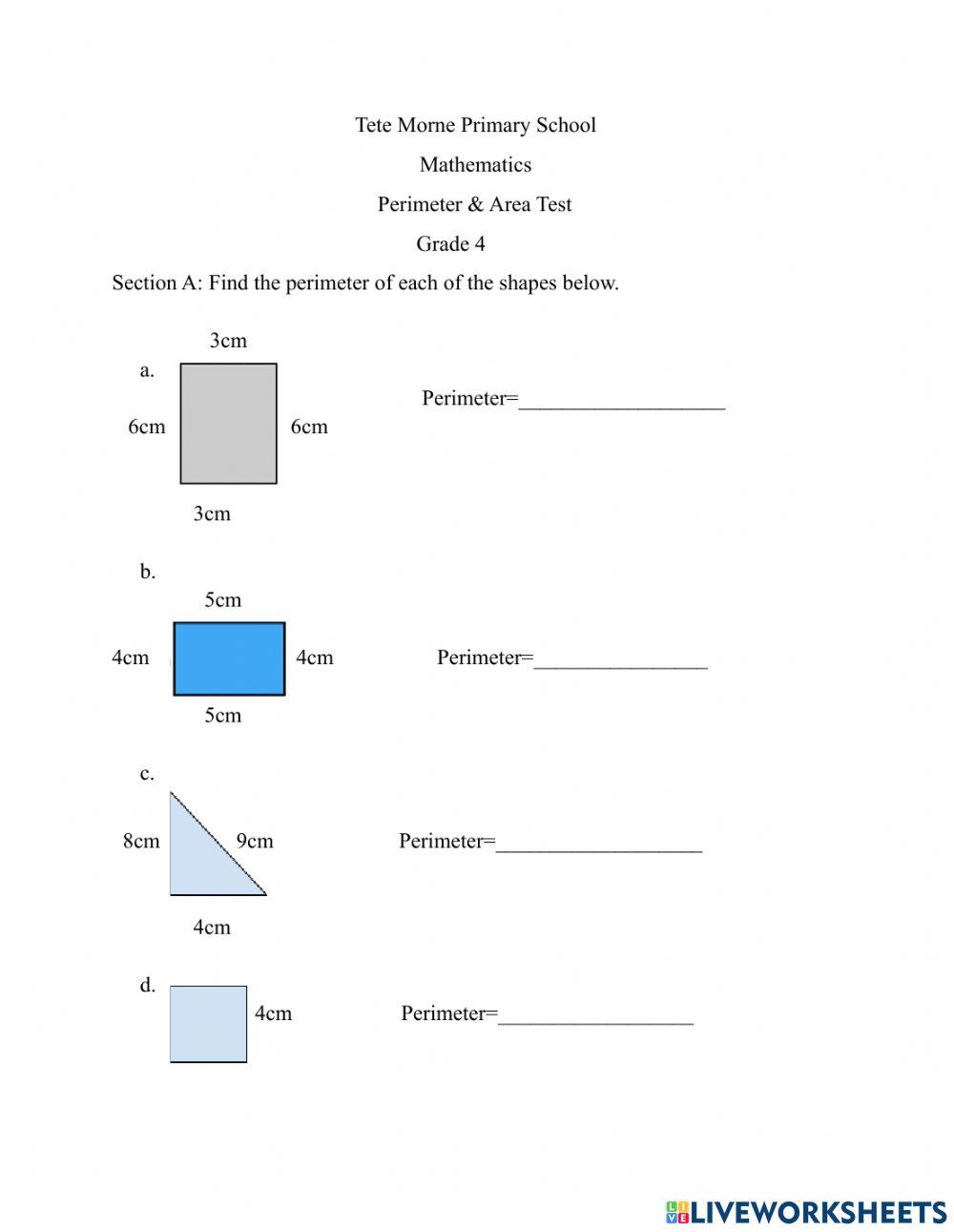 Perimeter - Area Test- Grade 4