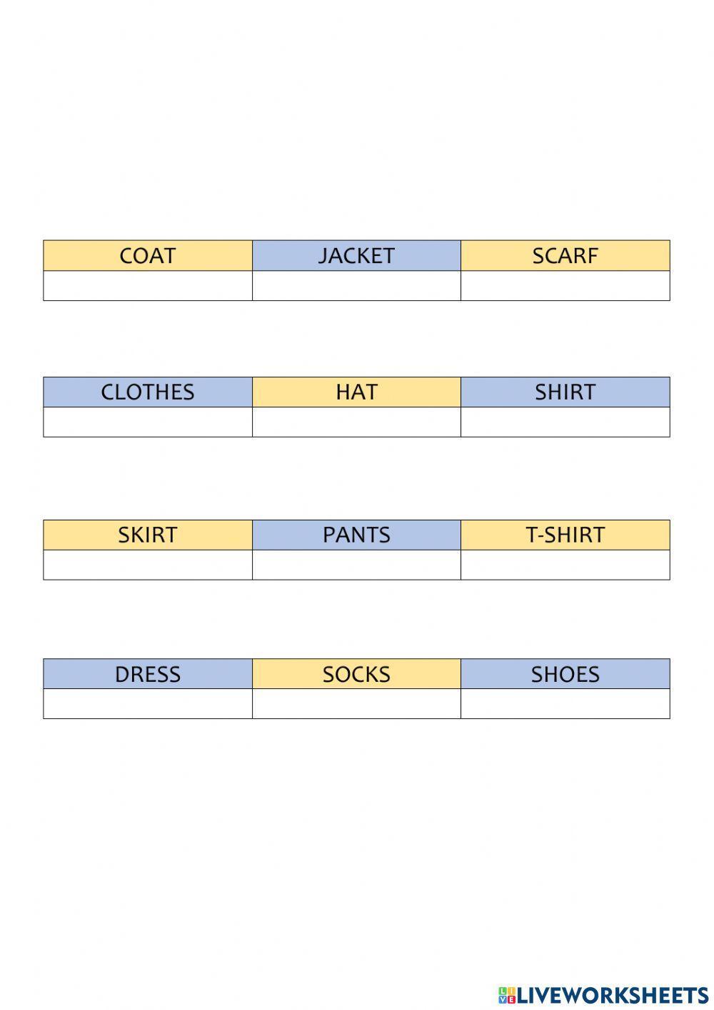 English test primero clothes