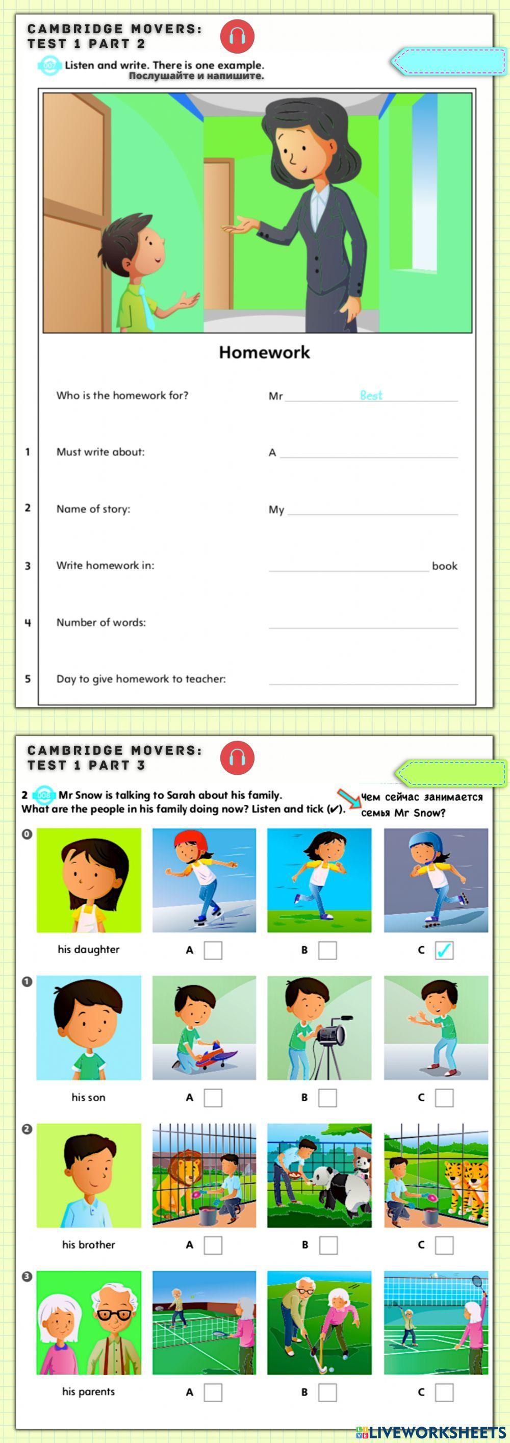 Cambridge Movers: Test 1, Parts 2,3