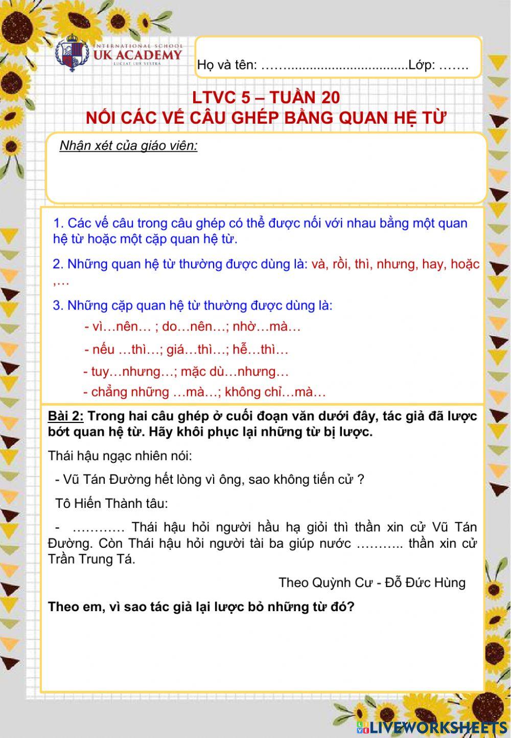 LTVC 5 - Nối các vế câu ghép bằng quan hệ từ