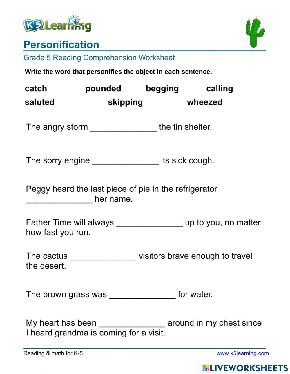 Personification online worksheet for 5 Live Worksheets