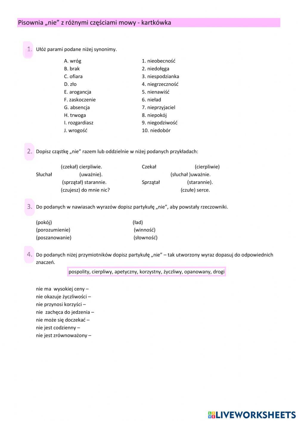 Kartkówka pisownia nie