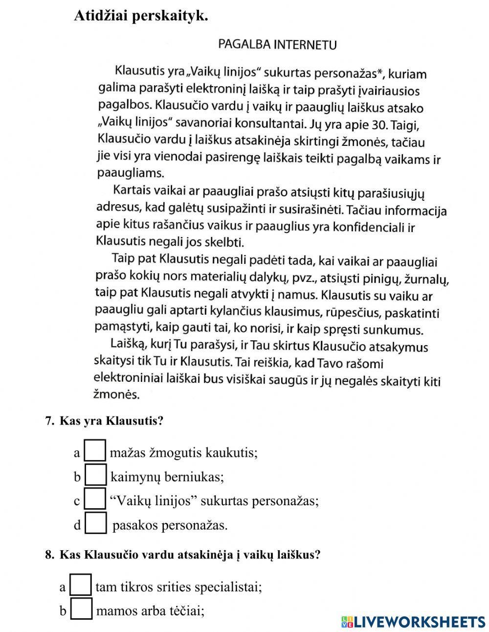 Teksto suvokimo testas Nr. 6 3kl.