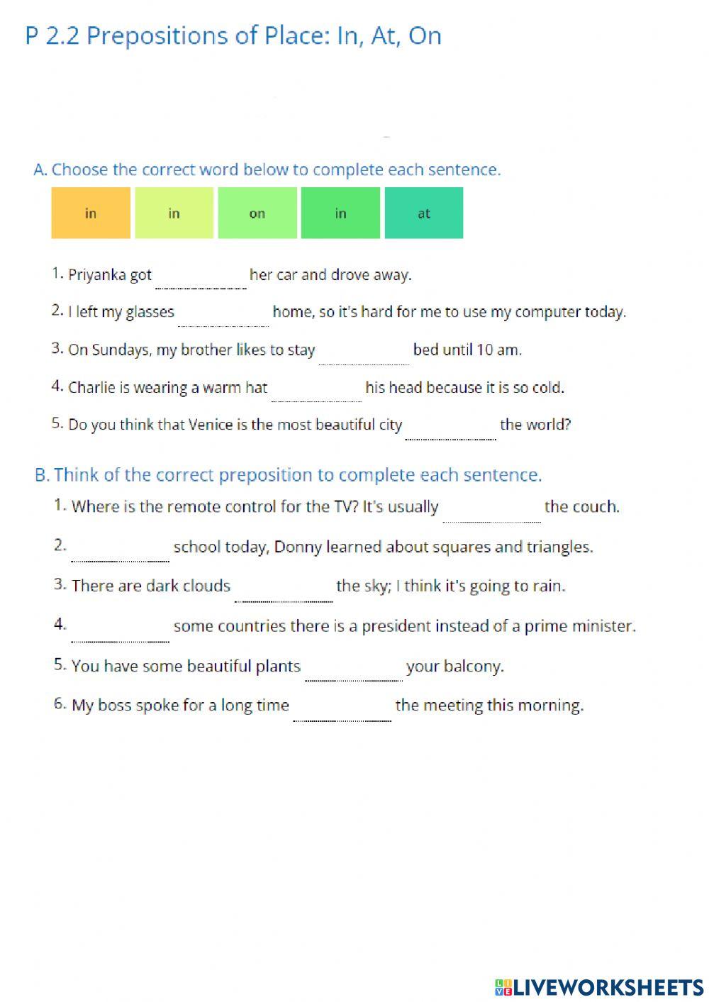 P2 2 Prepositions On in at Online Exercise For Live Worksheets p2-2-prepositions-on-in-at-online-exercise-for-live-worksheets