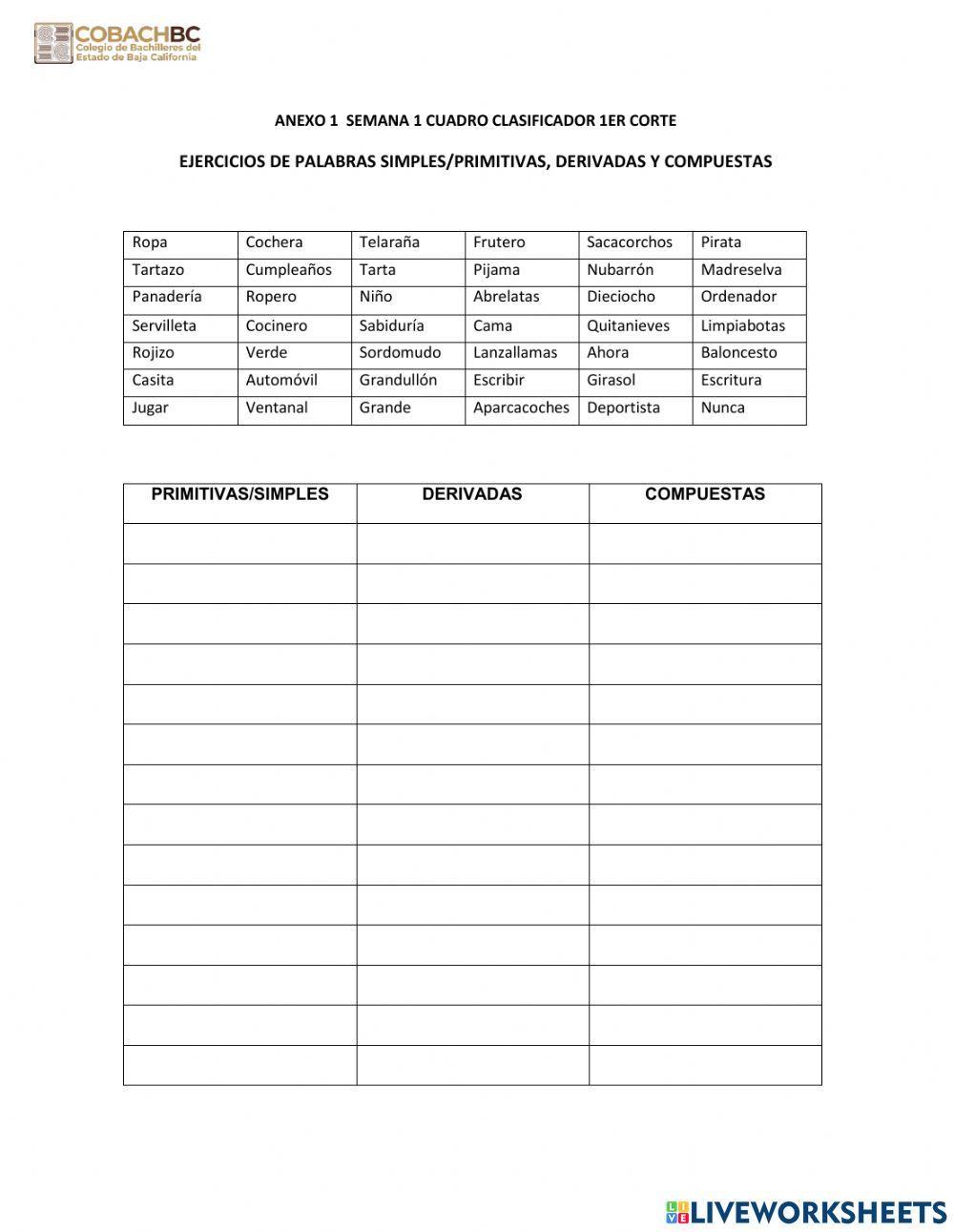 Palabras primitivas, derivadas y compuestas