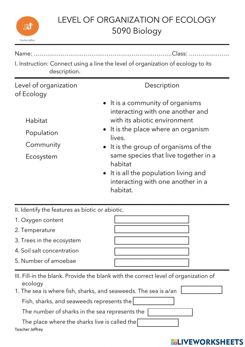 Levels Of Ecological Organization Worksheet