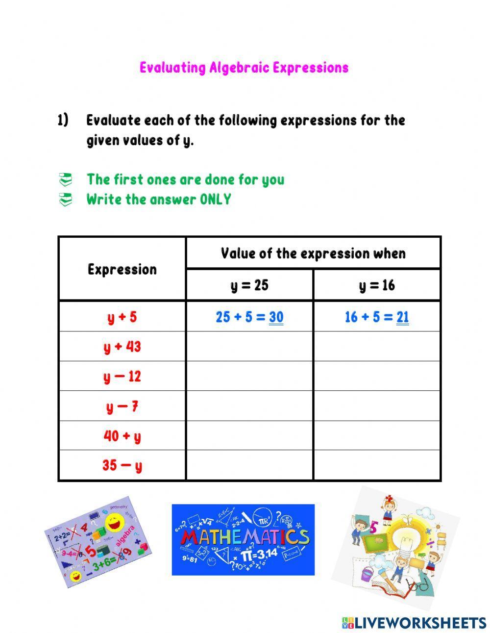 Evaluating Algebraic Expression