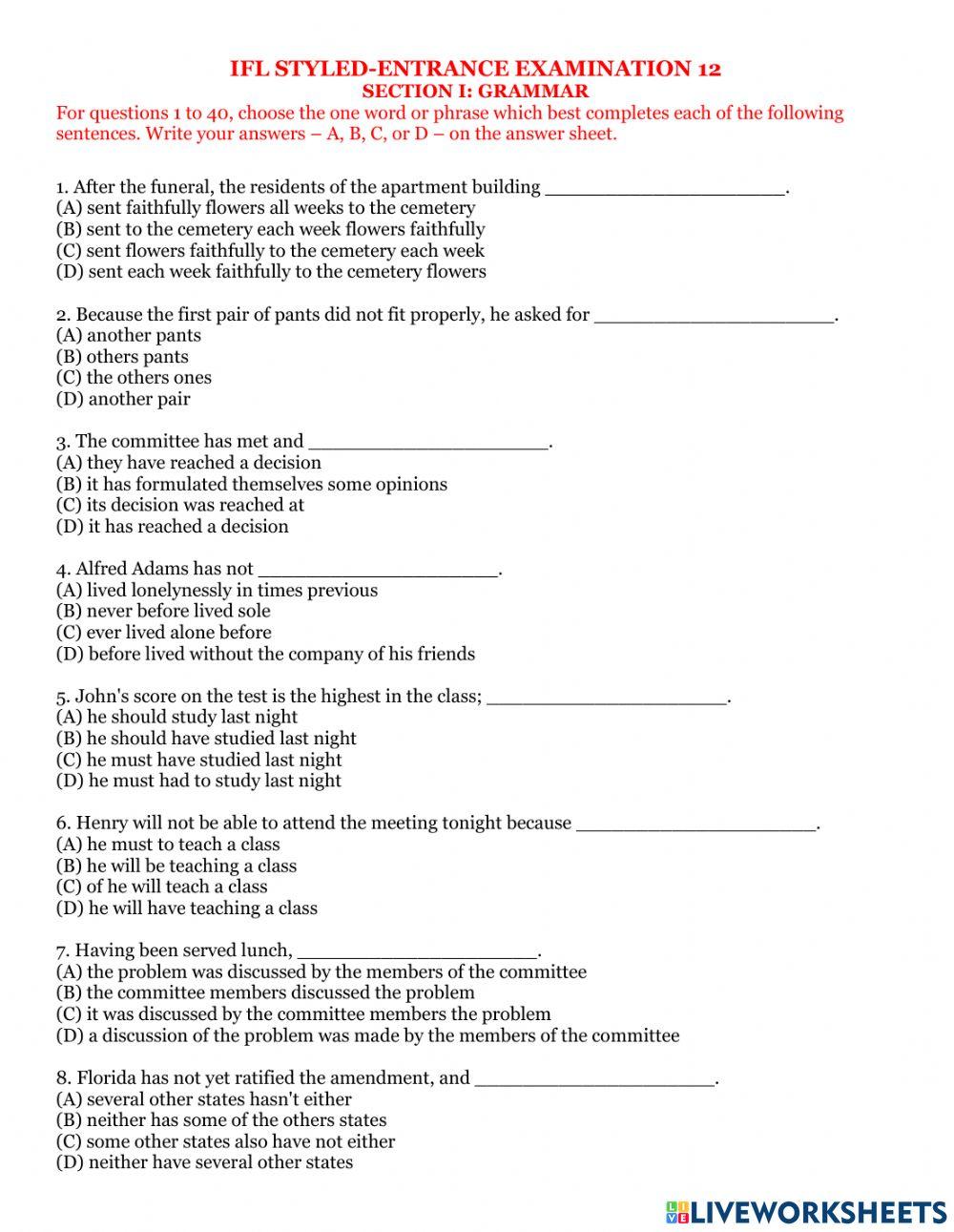 Ifl entrance examination 12