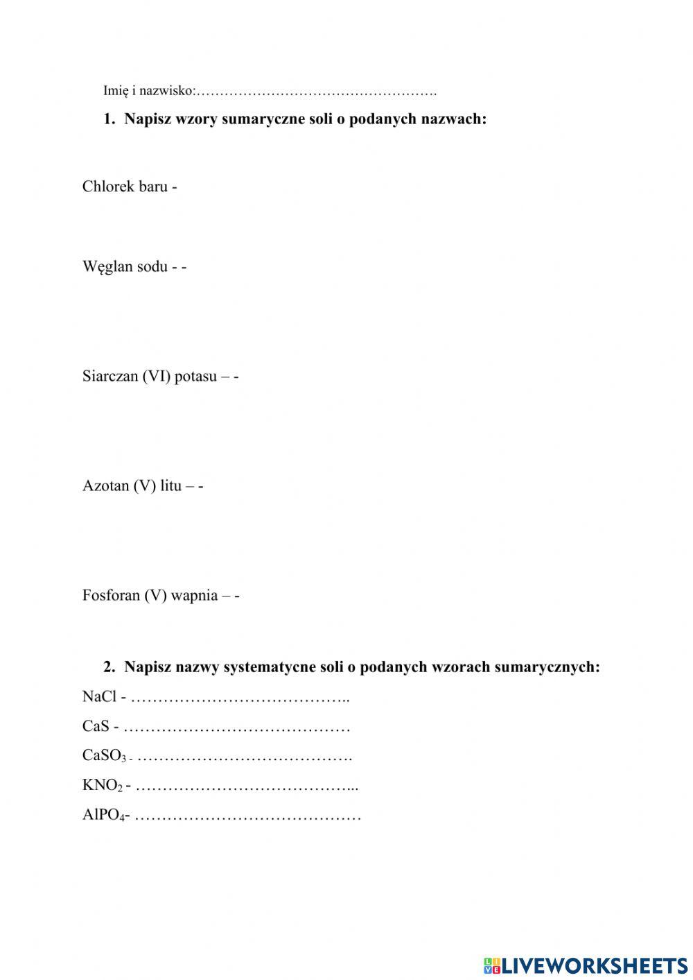 Chemia kartkówka wzory