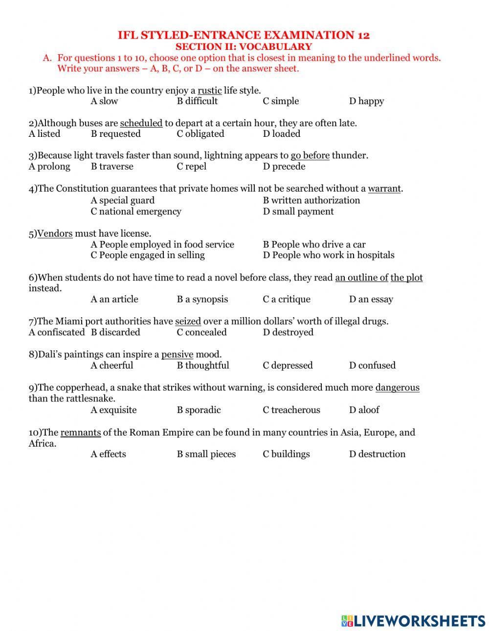 Ifl entrance examination 12