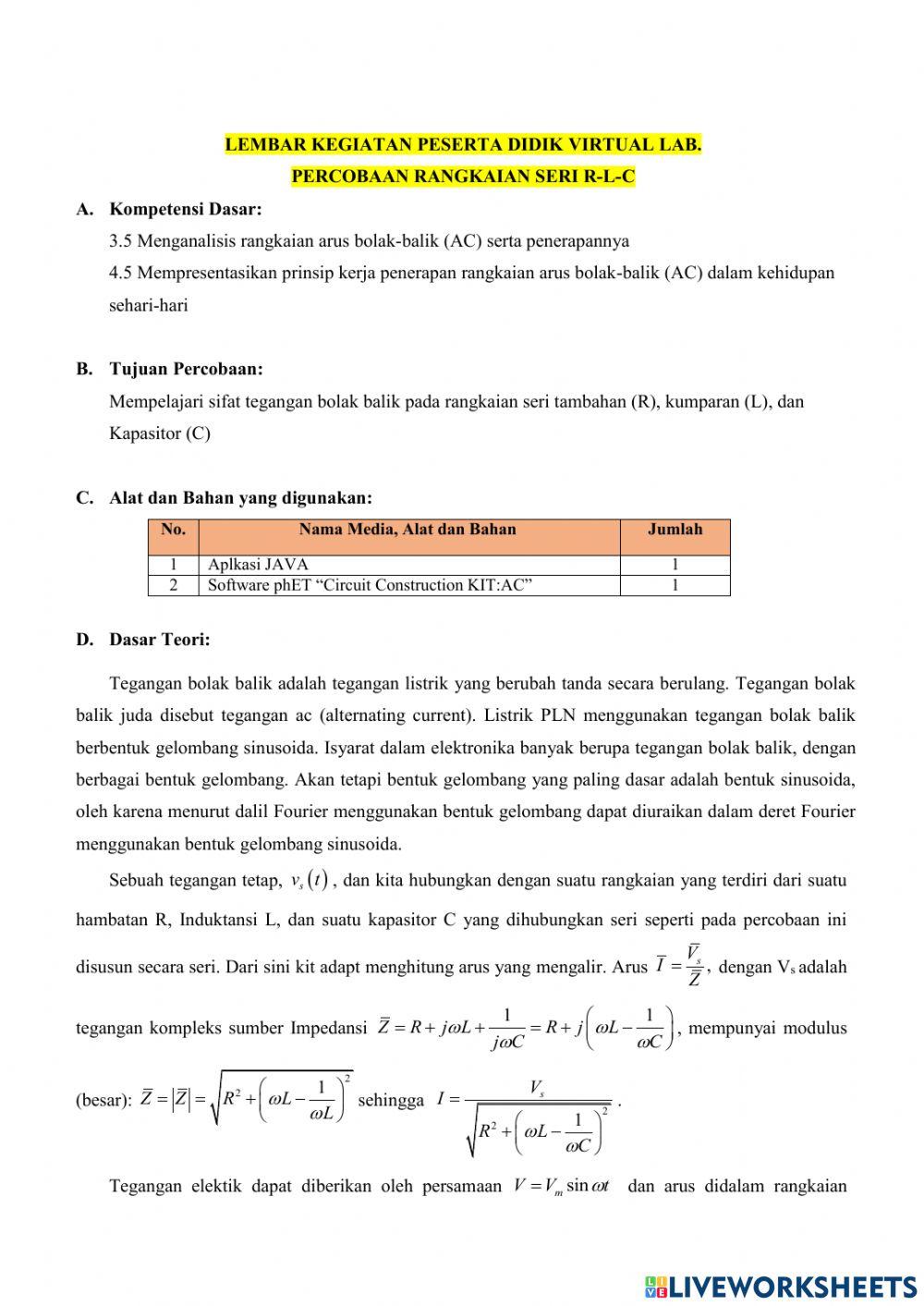 LKPD RANGKAIAN LISTRIK RLC MENGGUNAKAN phET Simulation