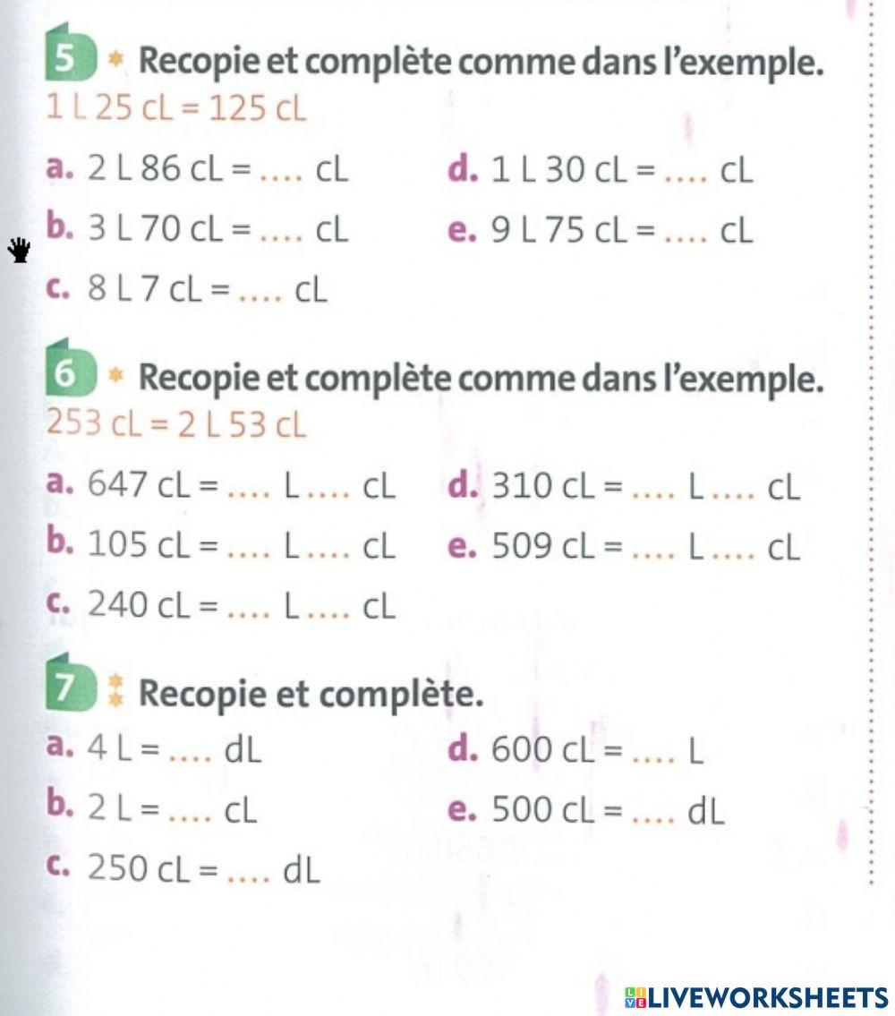 Mesure De Contenance Cm1 Exercices Contenance worksheet | Live Worksheets