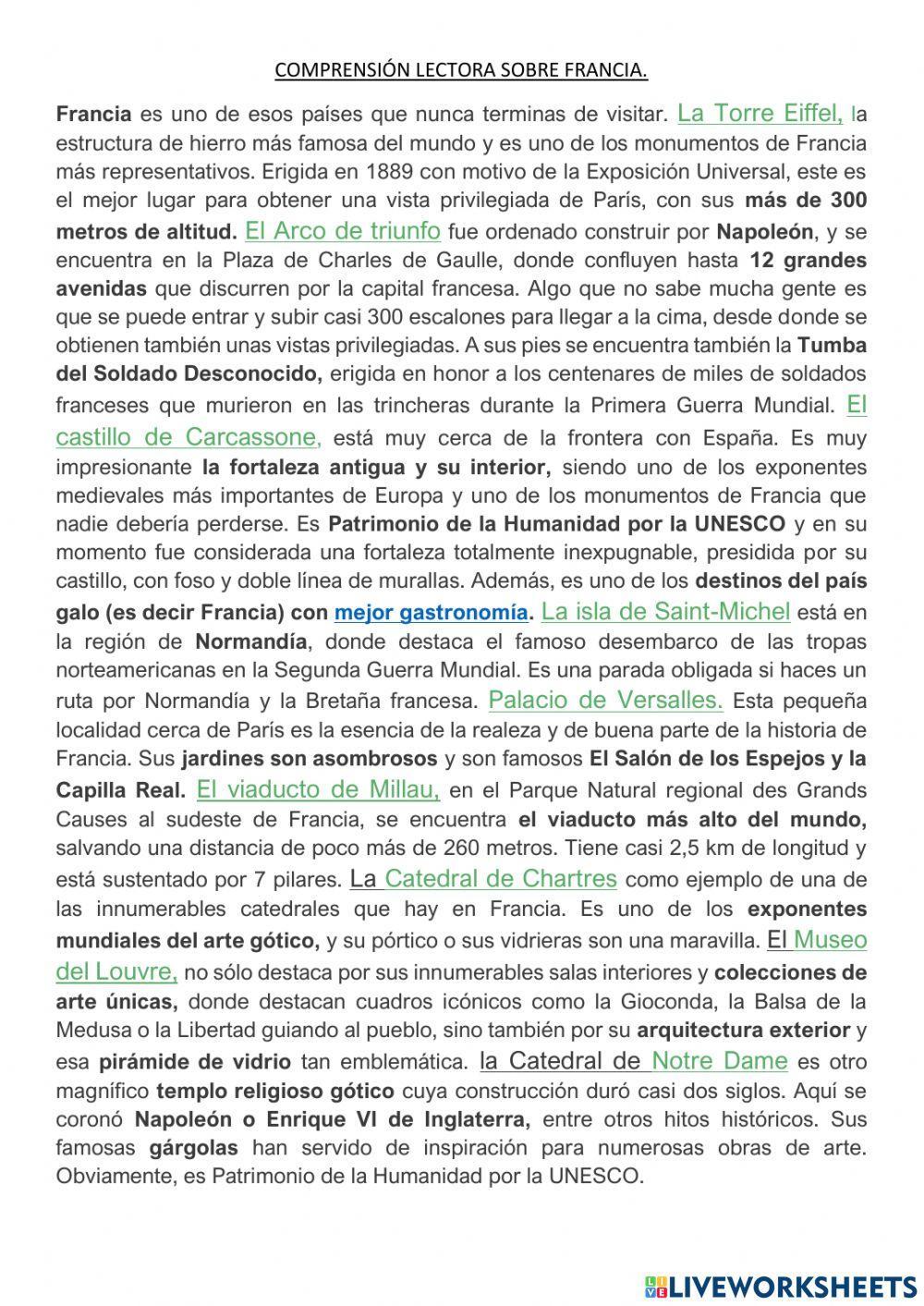Comprensión lectora sobre Francia.