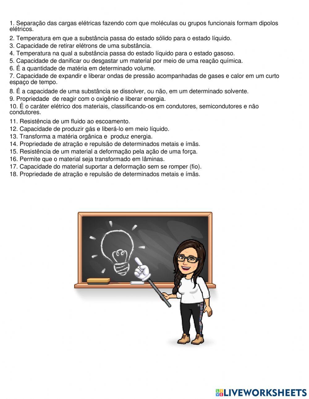 Nivelamento: Propriedades físicas e químicas dos compostos químicos.