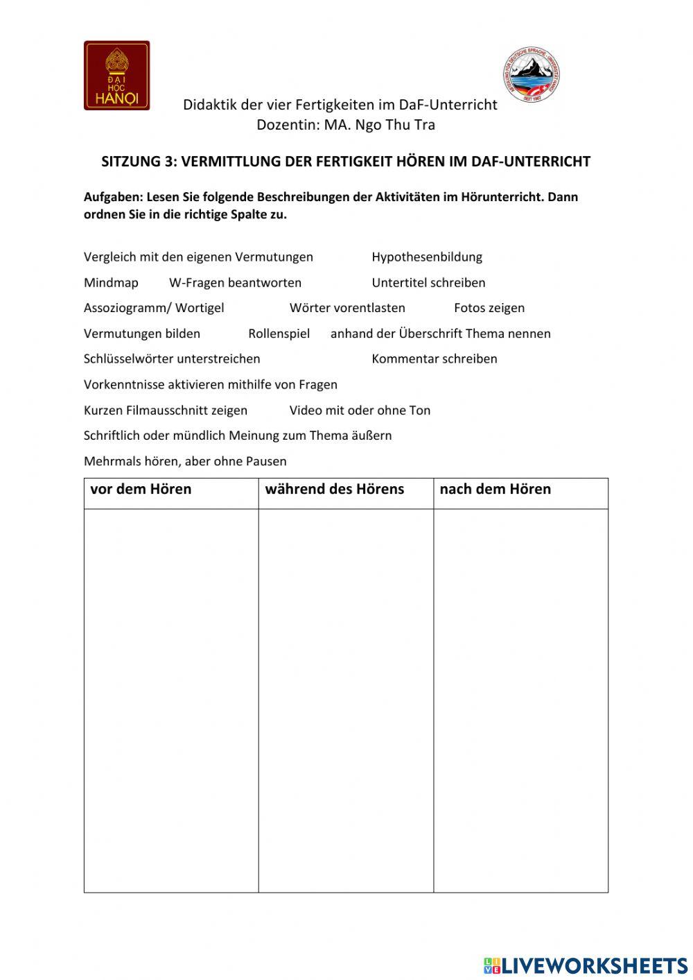 Vermittlung der Fertigkeit Hören