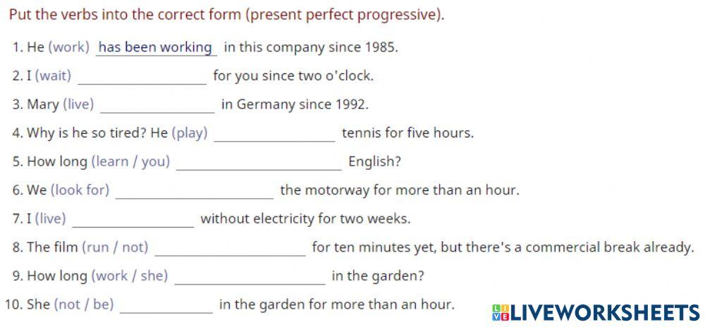 Exercises Present Perfect Progressive