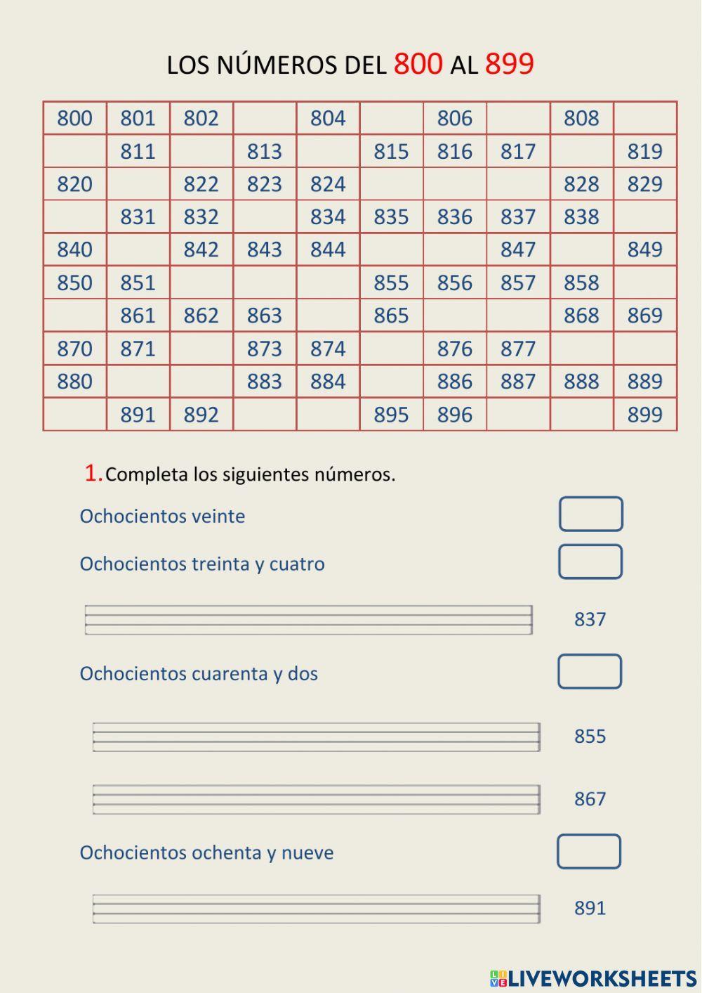 Los números del 800 al 899