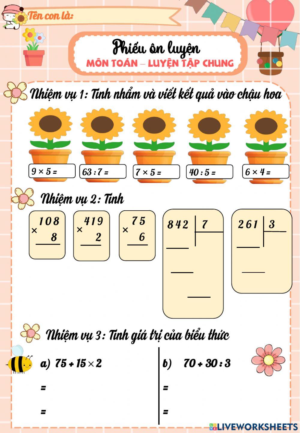 Phiếu Luyện tập chung trang 90