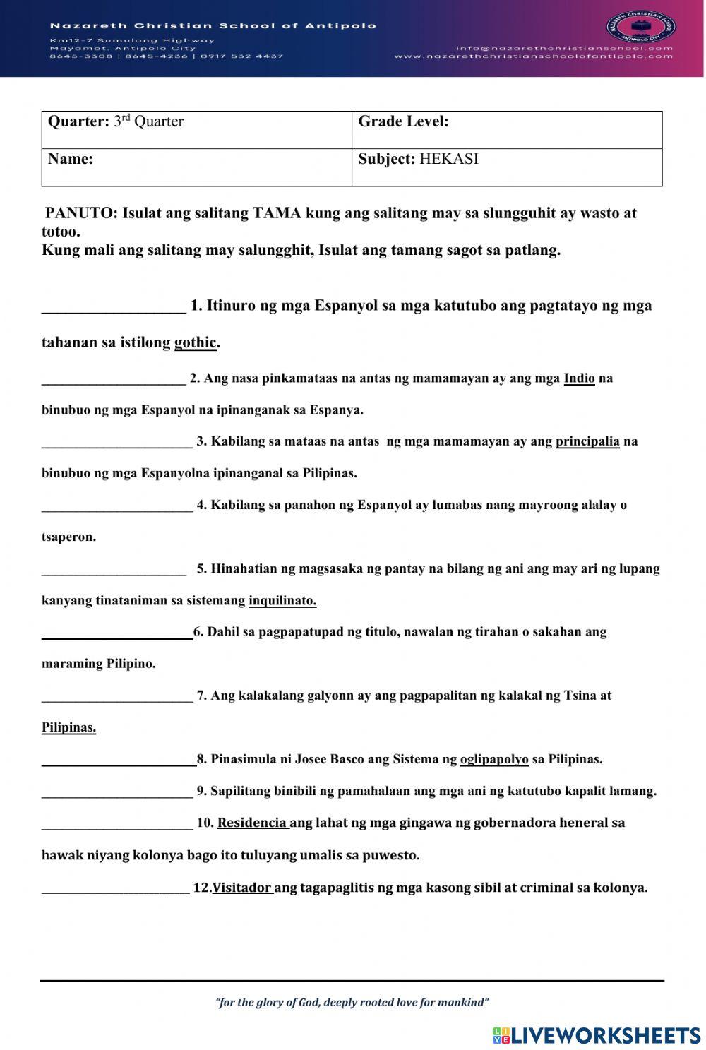 Hekasi 5 seatwork online exercise for live worksheets