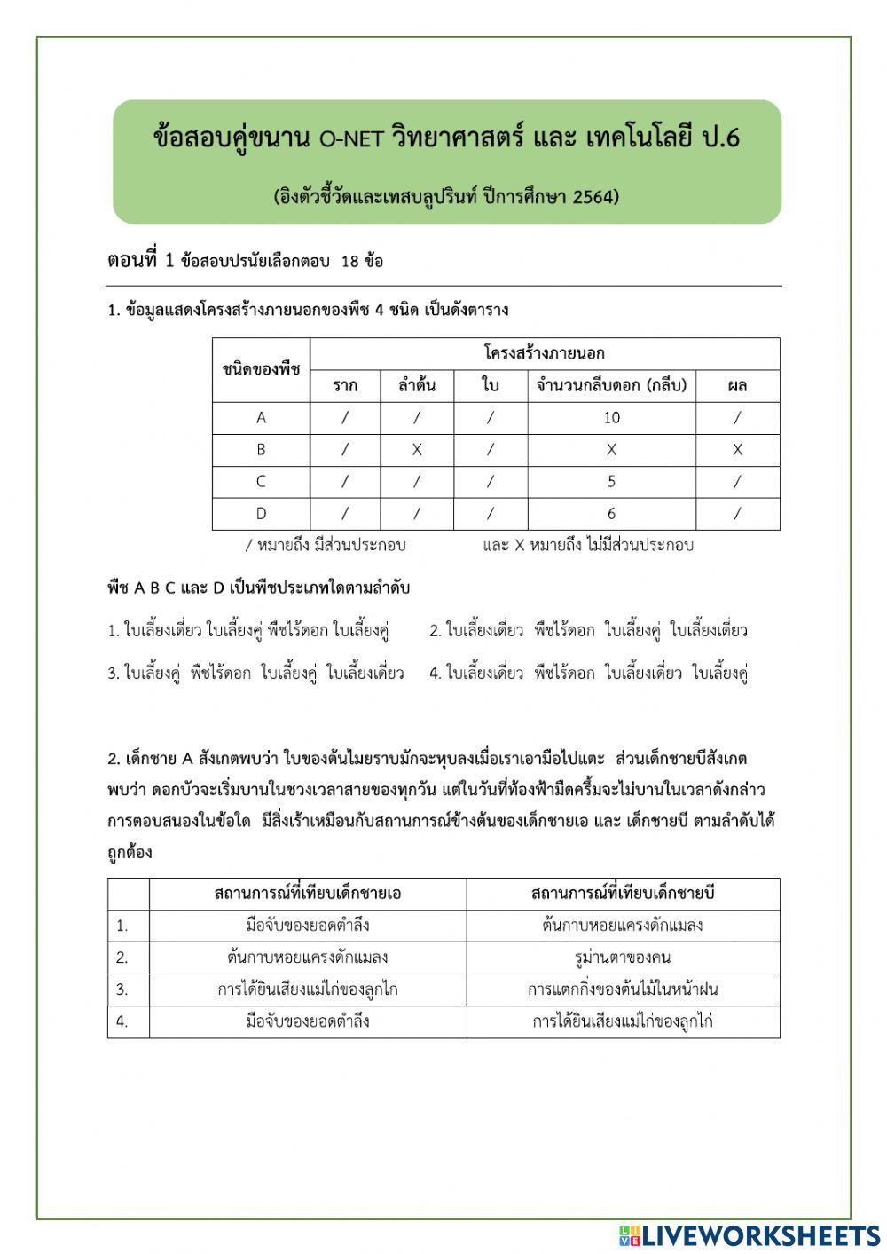 Pre Onet ป.6 ปี 2564 ข้อ1-4