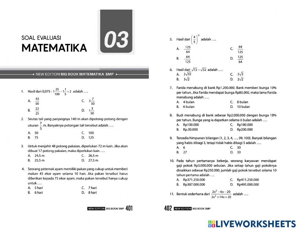 Latihan Matematika Evaluasi 3 Persiapan UN-US