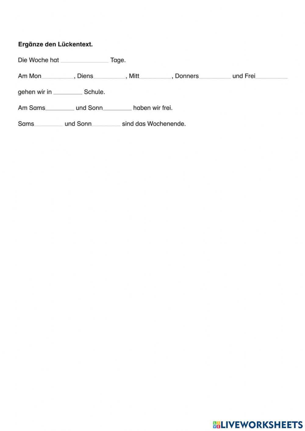 Deutsch Übungen Wochentage+Verben