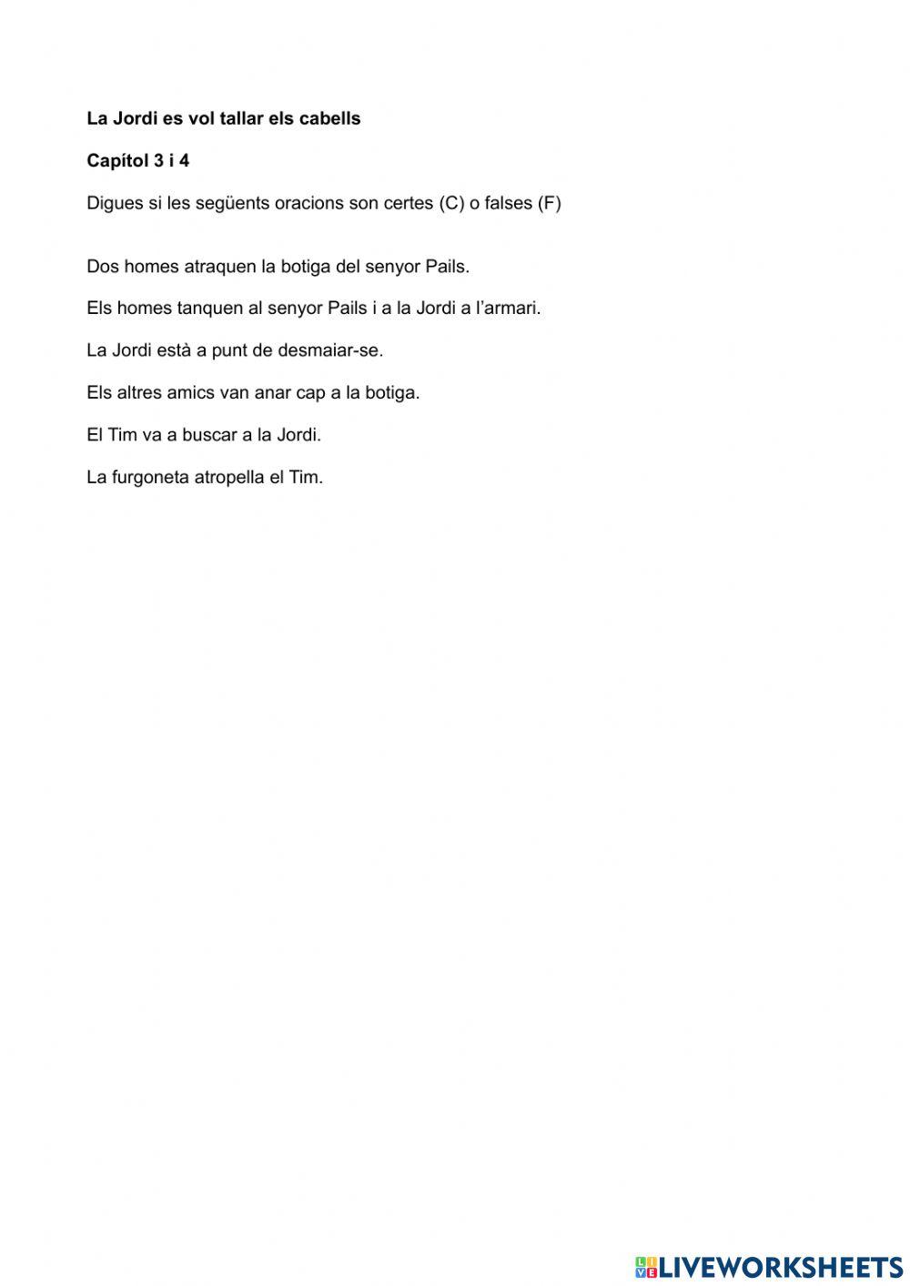 Comprensió lectora Els Cinc La Jordi es vol tallar els cabells Capítol 3 i 4