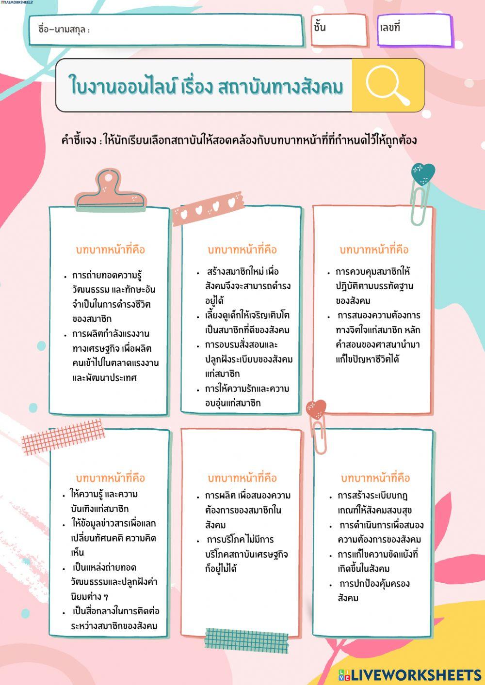 ใบงานที่ 4.2 บทบาทหน้าที่สถาบันทางสังคม