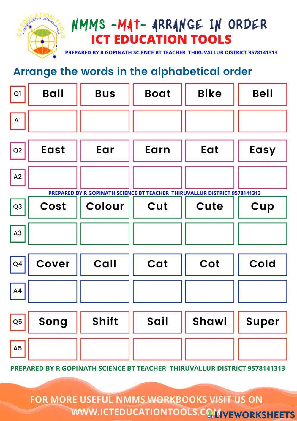 Nmms mat - arrange the words in alphabetical order
