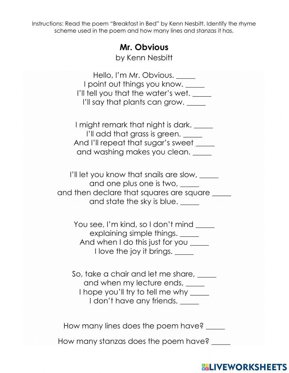 Rhyme Scheme: -Mr. Obvious- poem