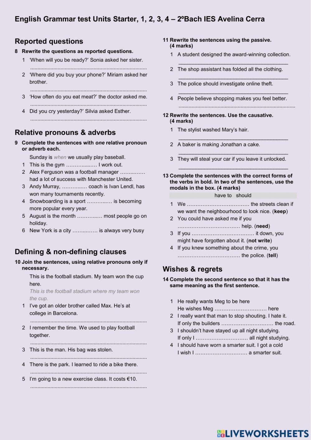 Grammar Test Units 1-4 2º Bachillerato