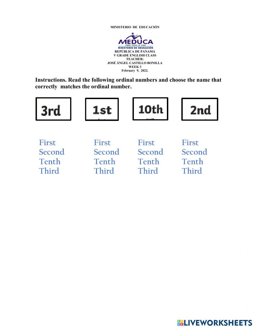 1st to 10th Ordinal Number Exercise